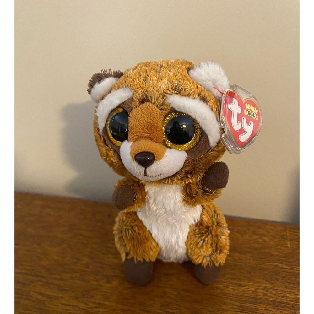 Ty Beanie Boos Plush Rusty Raccoon Stuffed Animal Brown Gold Glitter Eyes 6"